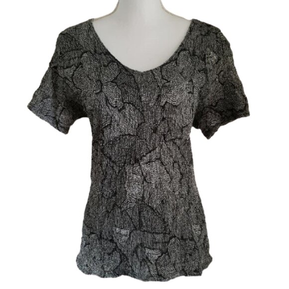 Jaclyn Smith Blouse Black White Floral Stretchy Wavy Bottom Short Sleeves Size L - Picture 1 of 12